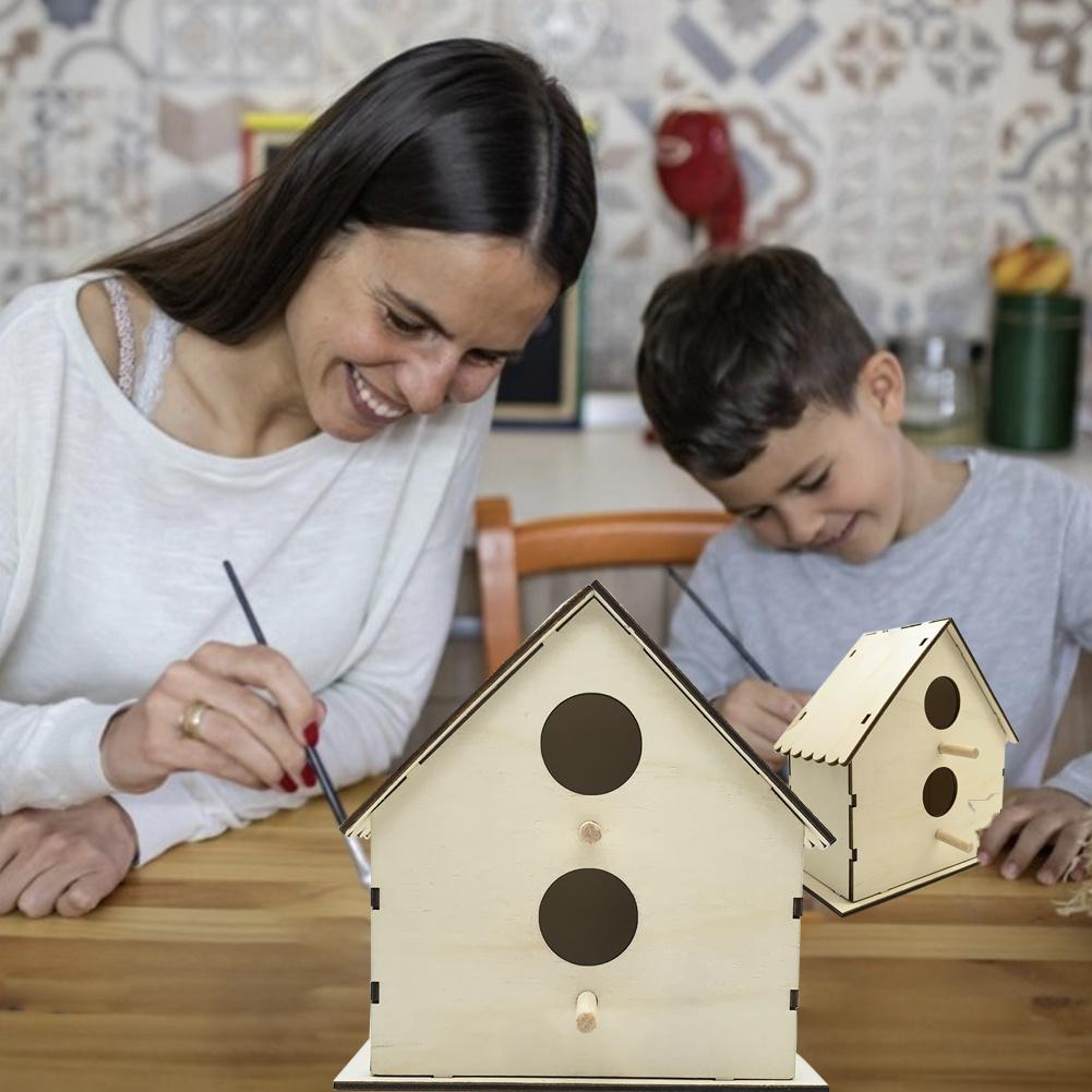 2PCS DIY Bird House Kit Painting Puzzle Bird House Art Craft Wood Toys For Children DIY Bird House Bird Cage Doodle Set