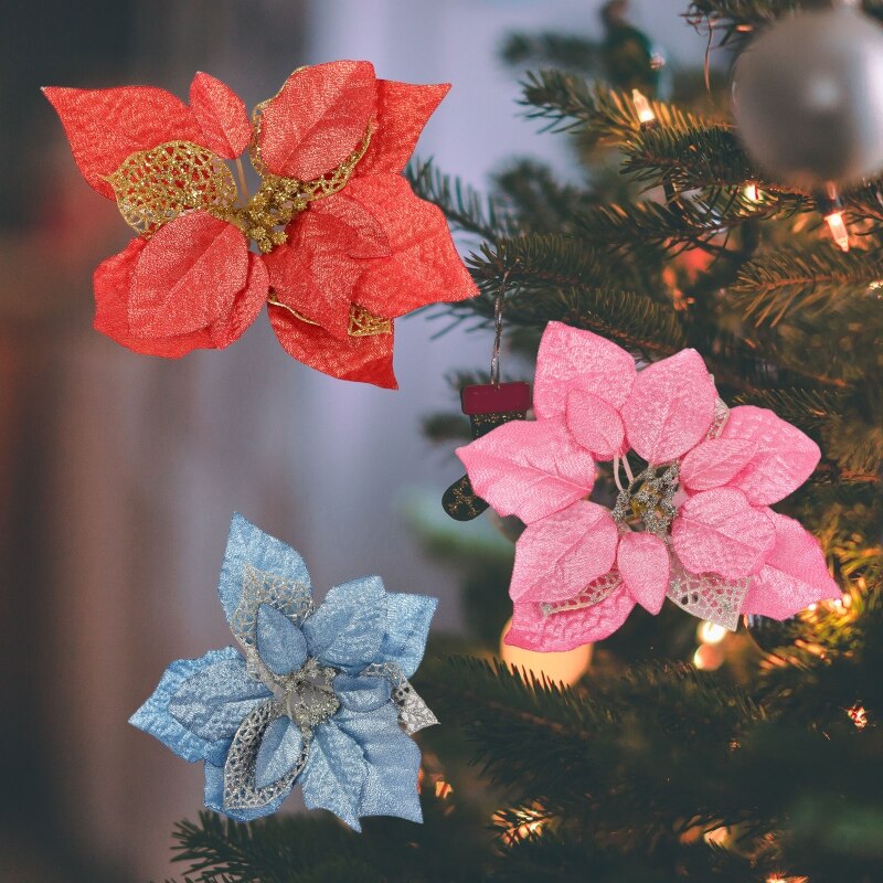 15 sztuk sztuczne świąteczne kwiaty dekoracje bożonarodzeniowe ozdoby choinkowe brokatowe złote/srebrny z klipsami upuszczać statek