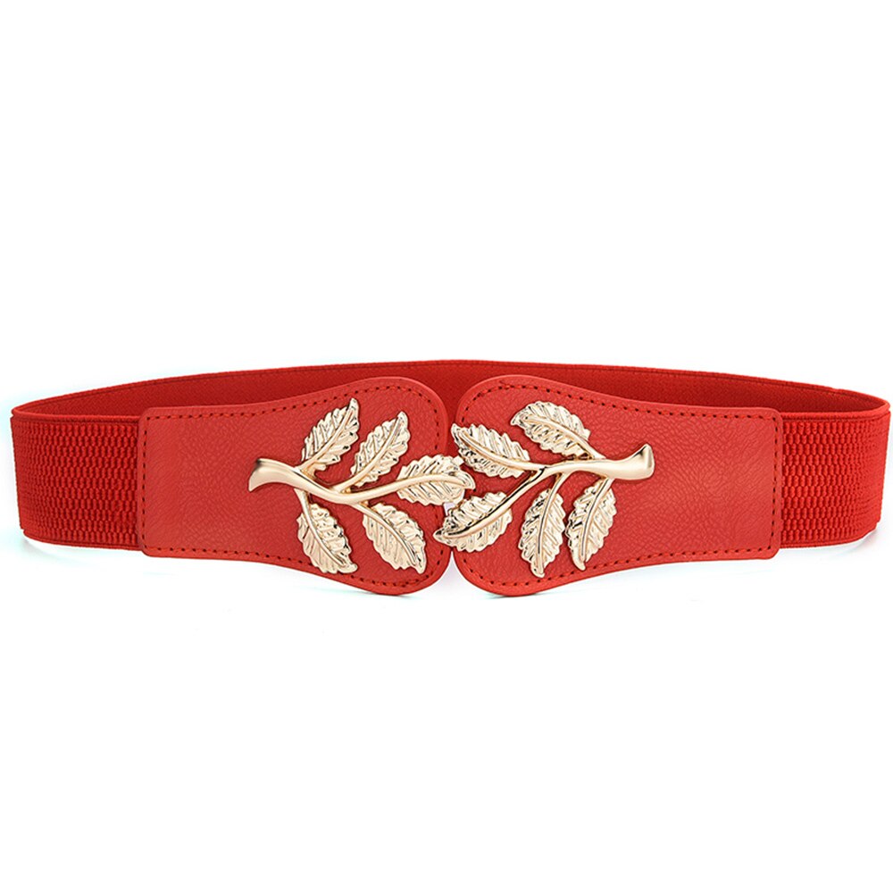 Funda de cintura para mujer, cierre de cintura elástico de hoja dorada a la con hebilla de doble gancho, cinturón ancho combinado con falda, cinturón para mujer: Rojo