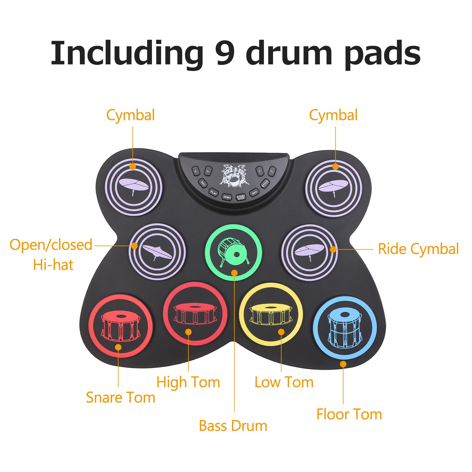 Ensemble de batterie électronique pliable en silicone, taille compacte, USB, coussin de batterie avec 9 tampons, pédales pour débutants
