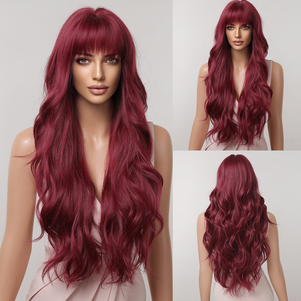 GEMMA Dark Brown Long Curly Synthetic Wig Deep Wave Cosplay Hair Wigs with Wavy Bangs for Women Daily Party Heat Resistant Fibre