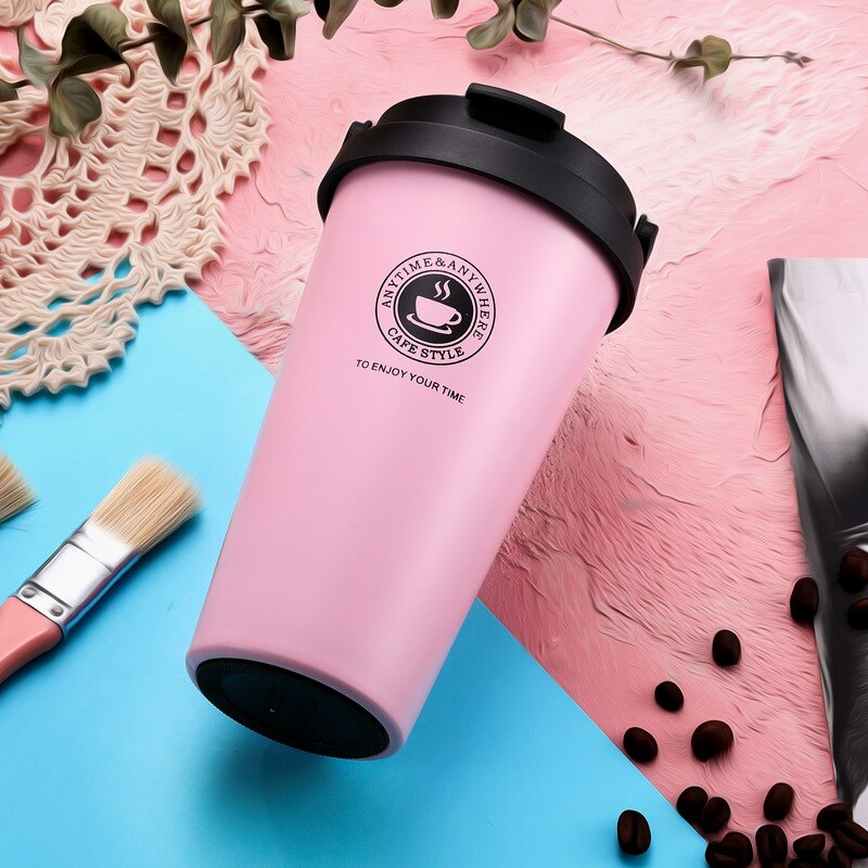 500ML Coffee Mug 304 Stainless Steel Travel Mug Double Wall Vacuum Insulated Tumbler Wide Mouth Tea Cup with Lid: Light Pink B