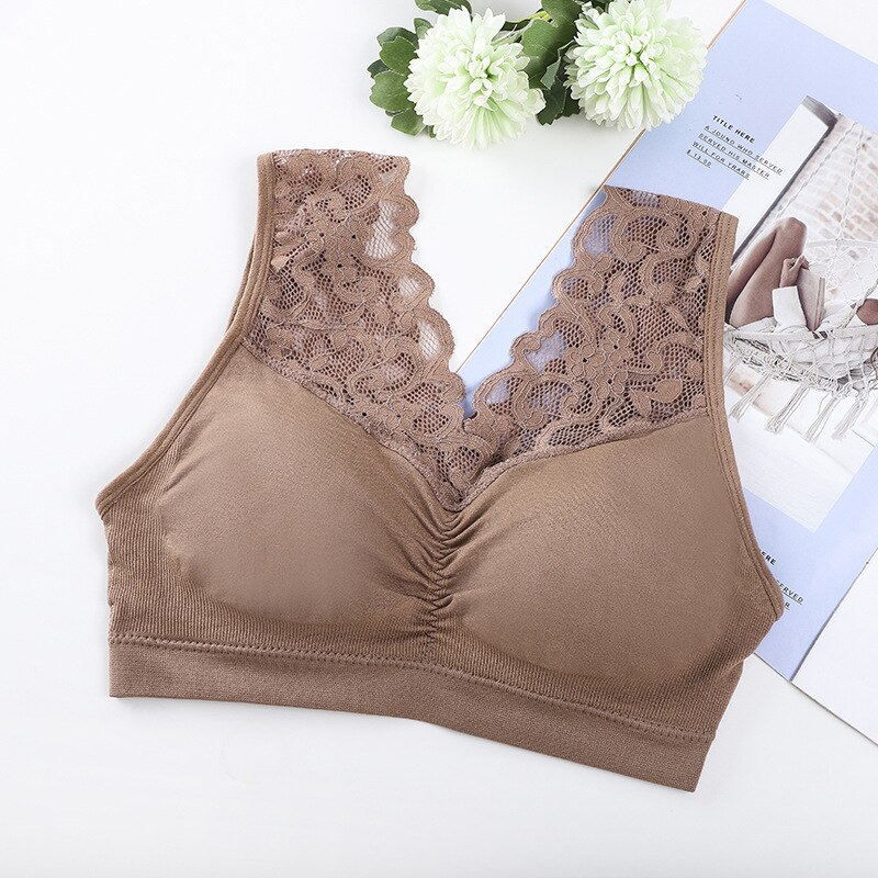 Wanayou ademende dames sportbeha met kant, push-up workoutbeha voor dames, elastische schokbestendige fitness yogabeha, naadloze gevoerde sportbeha: Khaki