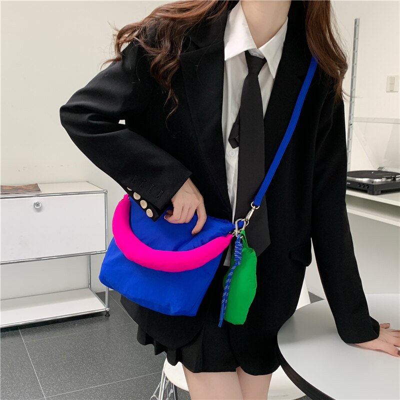 Mode Vrouwen Kleine Portemonnee Handtassen Kleur Contrast Nylon Vrouwelijke Crossbody Tas Klein Blauw Ruimte Gewatteerde Dames Schoudertassen