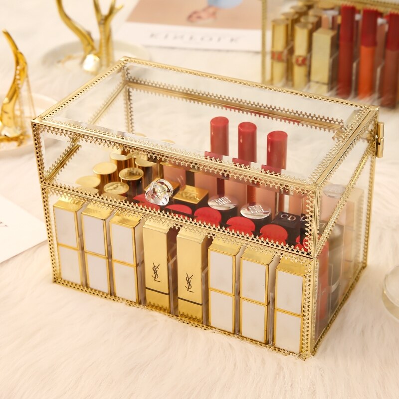 Retro kopparkant glas läppstiftslåda kosmetiska smycken förvaringslåda genomskinligt guld brons sminkorganisator badrumsställ