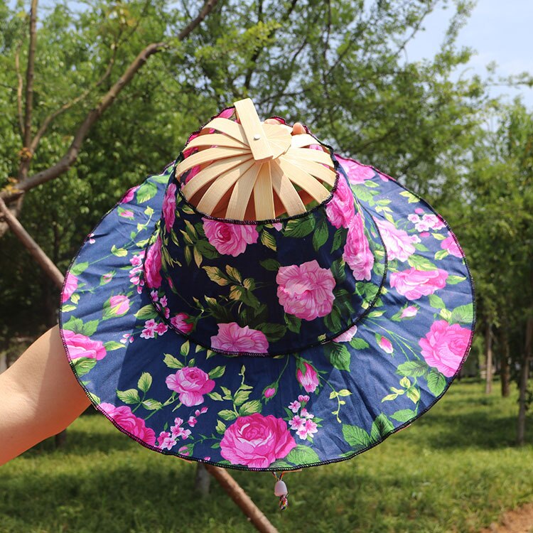 Sombrero de bambú con abanico de mano plegable, 2 en 1, portátil, estampado Floral, para viajes al aire libre, playa, vacaciones, verano,: a9