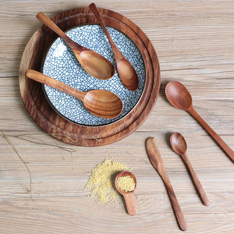 Korean Style Natural Wood Long Handle Soup Spoons For Cooking Mixing Stirr Kitchen Mini Seasoning Measuring Tools Coffee Scoop