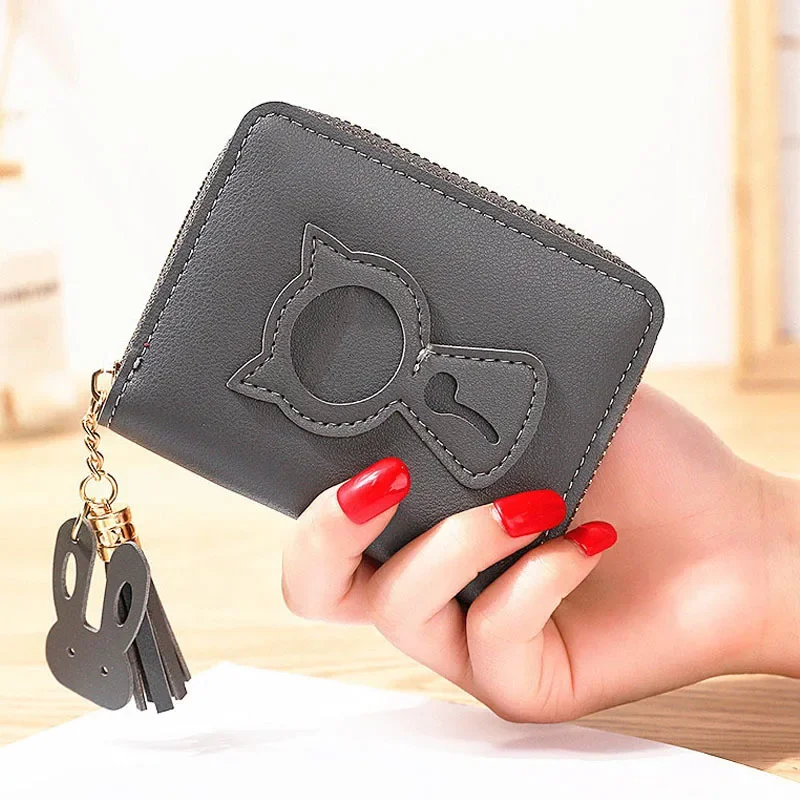 Women Small Coin Wallet Ladies Mini Tassel Wallet Cute Girl Short Purse Bags Zipper Lovely Leather Coin Purse Lady Hand Wallet: Khaki