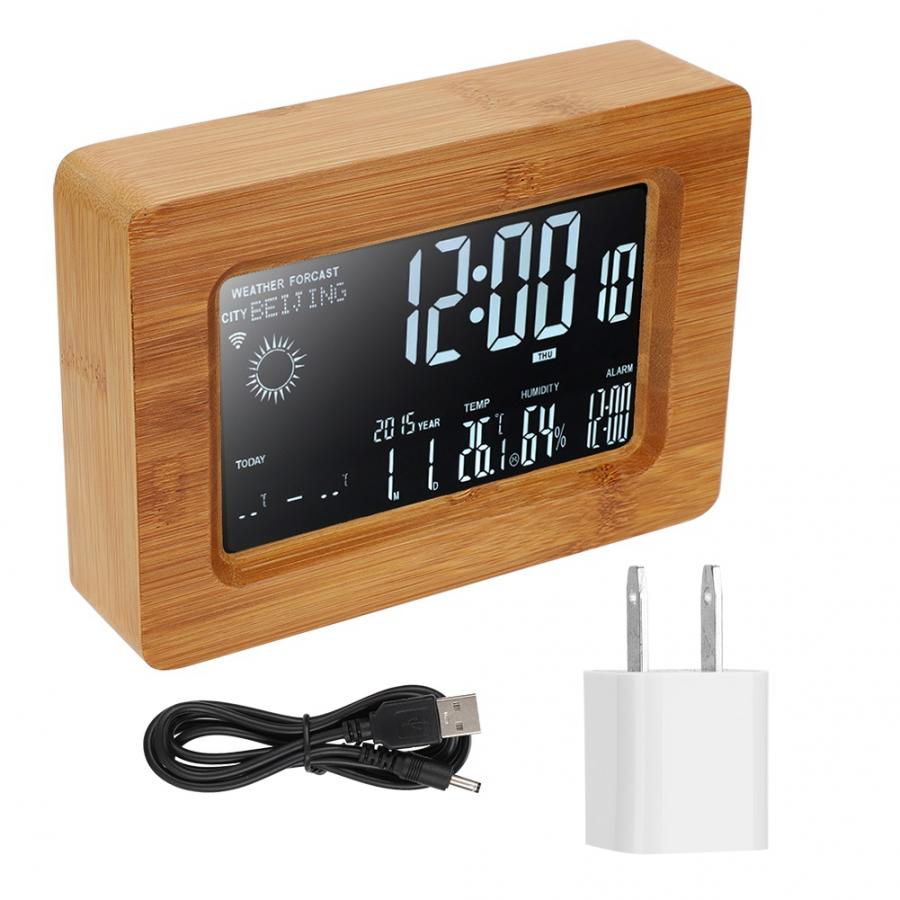 DC 5V Wooden Multi-function WIFI LCD Weather Temperature Humidity Clock 100-240V US Plug Weather Clock