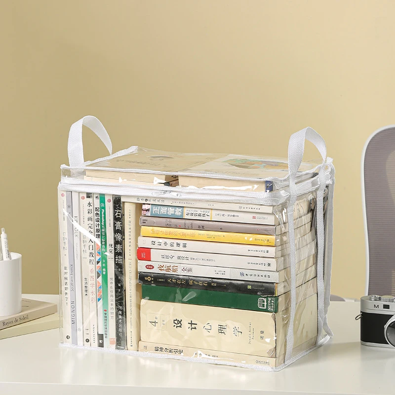 Foldable Book Box, Student Dormitory Classroom Book Organizer, Transparent Waterproof Home Book Storage Box: WHITE