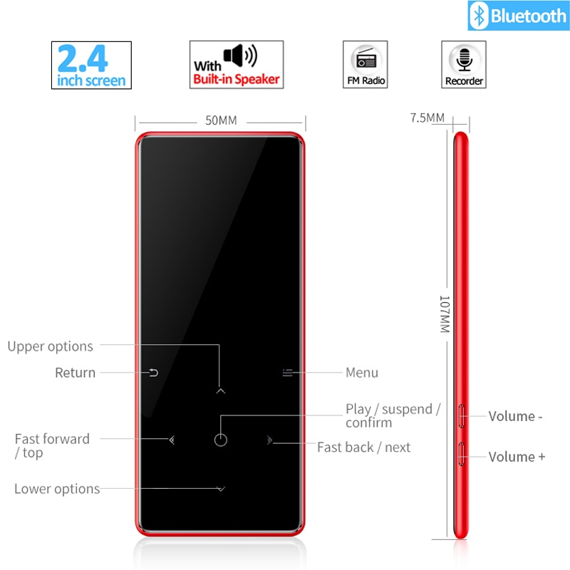 MP3 Player with Bluetooth Hifi Metal Portable Walkman Fm Radio Recording Built-in Speaker Touch Key 2.4 Inch Tft Screen 128GB