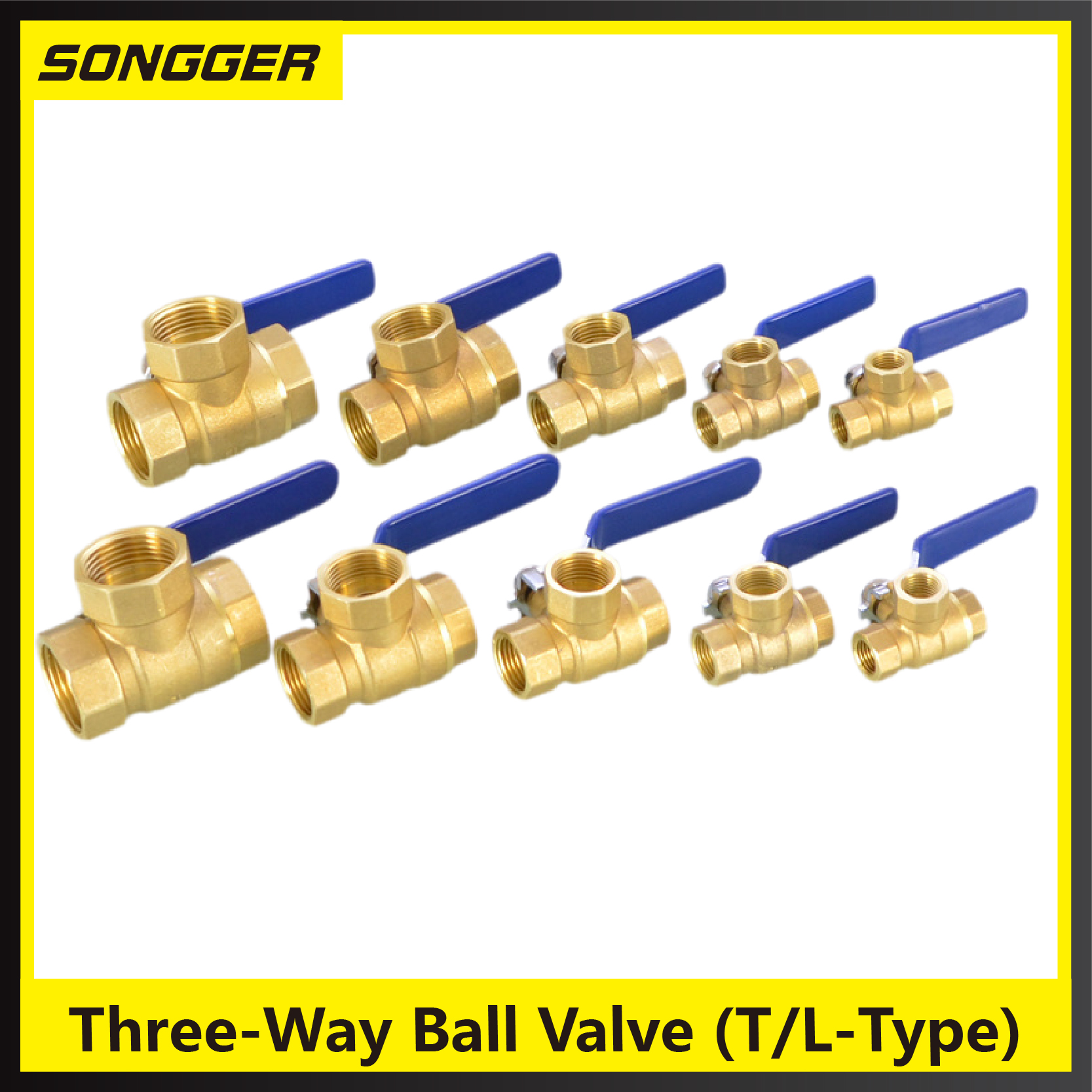 1/4 3/8 1/2 3/4 1 tomme messing 3- vejs ventil t-type l-type indvendig gevind kugleventil afspærring til vand, gas, hvac og vvs