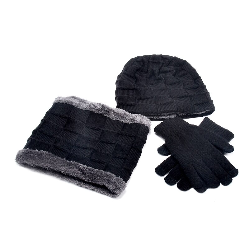 Unisex pipot hattu sormus huivi käsineet setti talvineulottu paksu lämmin lippalakki naiset miehet kiinteä retro pipo hattu pehmeä kosketusnäyttö käsineet: Musta 3 kpl setti
