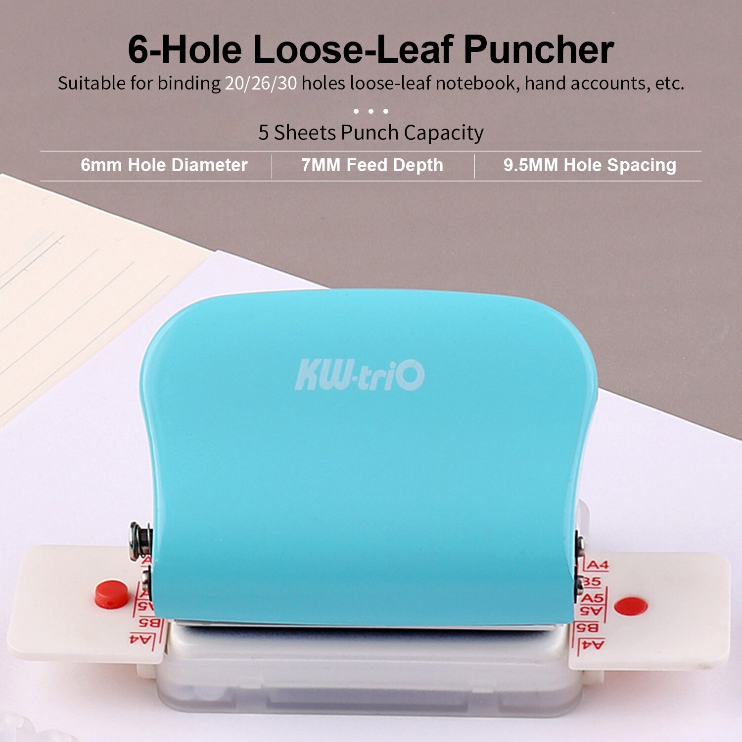 KW-trio 3/6-Hole Paper Punch Handheld Metal Hole Puncher 5 Sheet Capacity 6mm for A4 A5 B5 Notebook Scrapbook Diary Planner