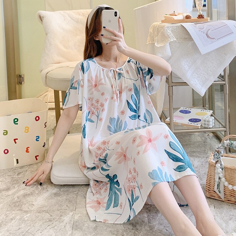 Fdfklak Gedrukt Bloemen Nacht Jurk Vrouwen Korte Mouwen Vierkante Kraag Katoen Nachtjapon Losse Comfortabele Dames Nachthemd: white