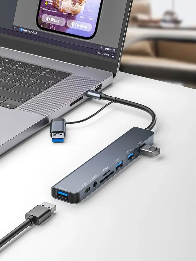 Airies USB 3.0 en aluminium 8 en 1, z 1 X USB 3.0, 3 X USB 2.0 i 1 X USB C, czytnik kart SD/TF, 3,5 mm, porty m.com