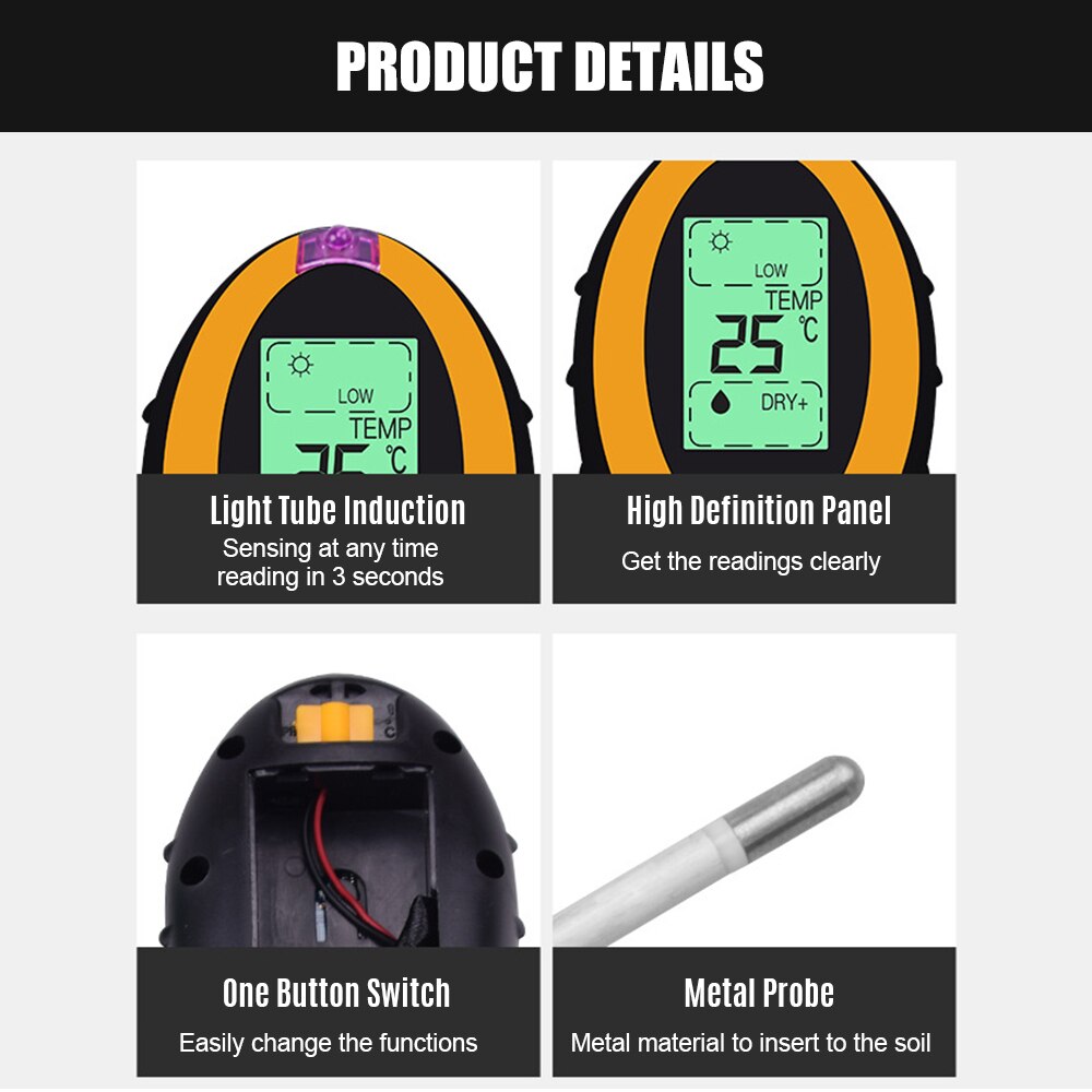 4-in-1 Soil Test Meter Electronic 4-Way Analyzer Soil Tester PH Moisture Light Humidity Temperature Meter For Plants Garden Farm