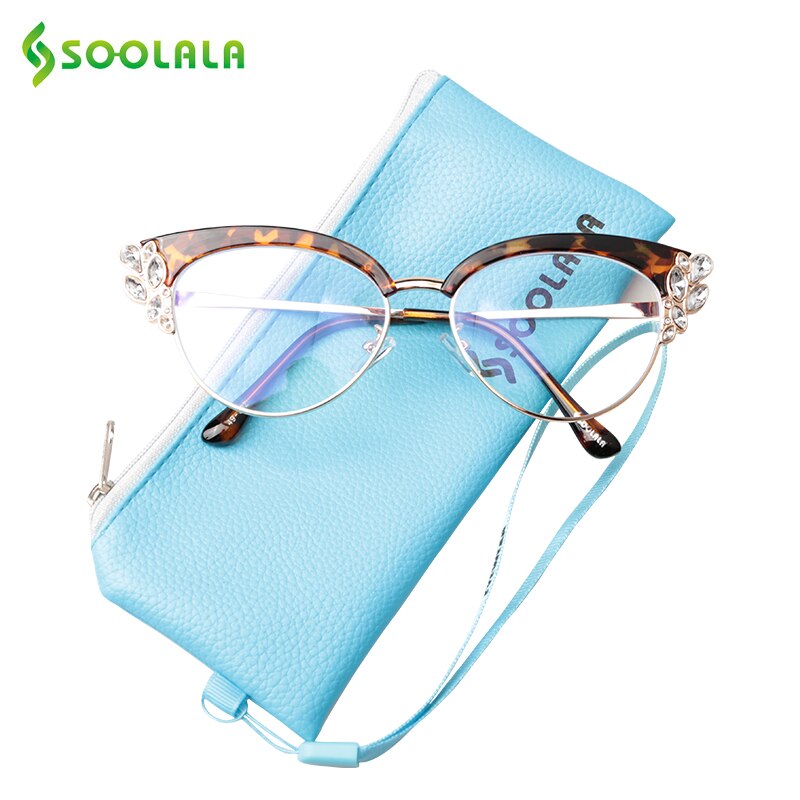 SOOLALA Anti Blue Light Glasses Women Cateye Rhinestone Eyeglass Frames Computer Anti Reflective Blue Light Blocking Glasses: Leopard