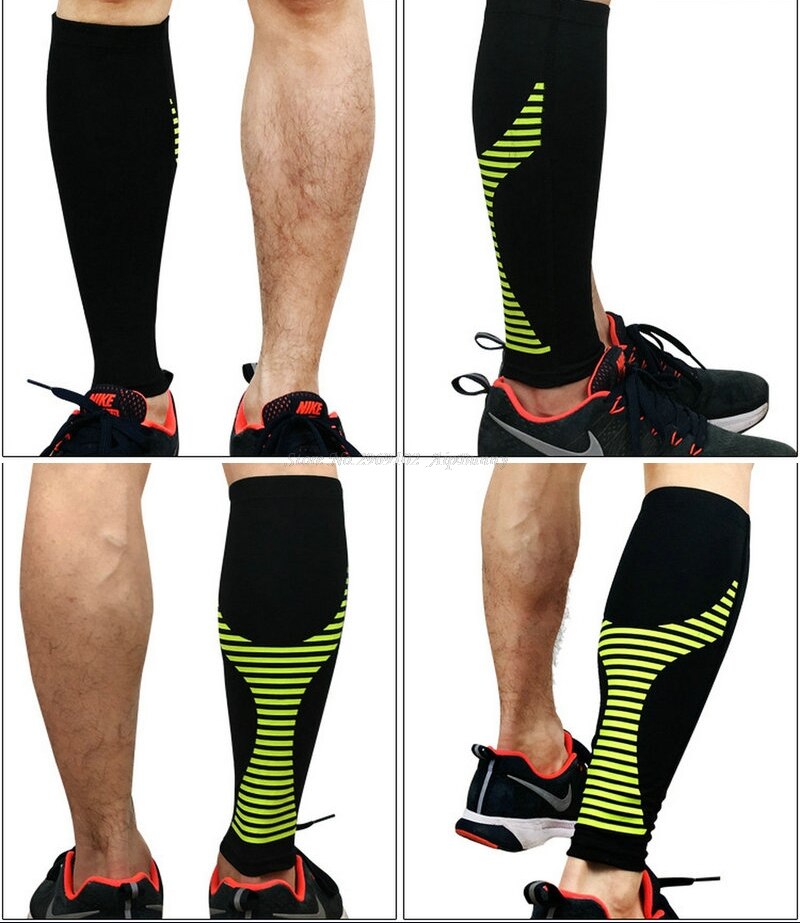 1 stks Streep Geen Slip Compressie Ademende Quick Dry Fietsen Beenwarmer Running Jogging Scheenbeschermer Kalf Protector Wandelen Brace: Zwart / XL
