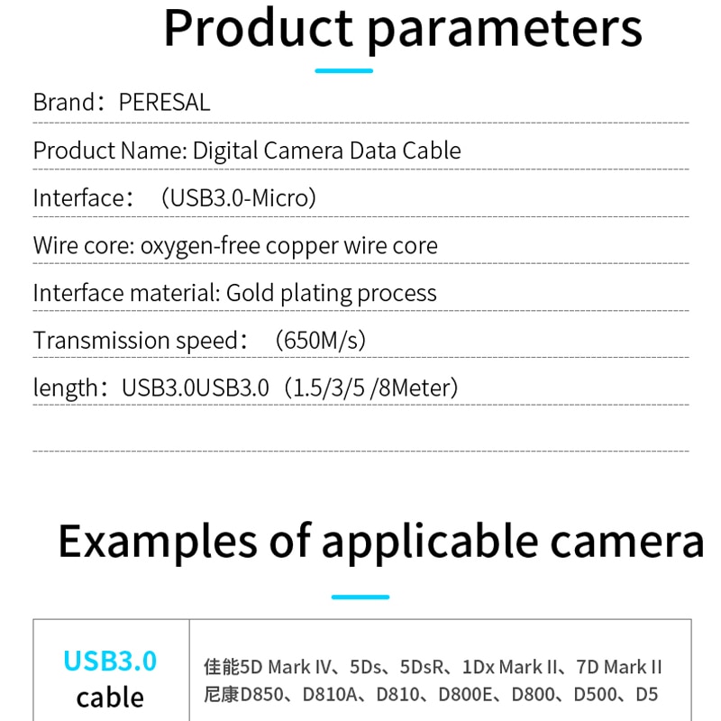 PERESAL-cable USB 3,0 a micro-b para cámara Canon EOS 5D4 5DSR, NIKON D810, D850, D5, cámara digital, cable de datos para ordenador portátil