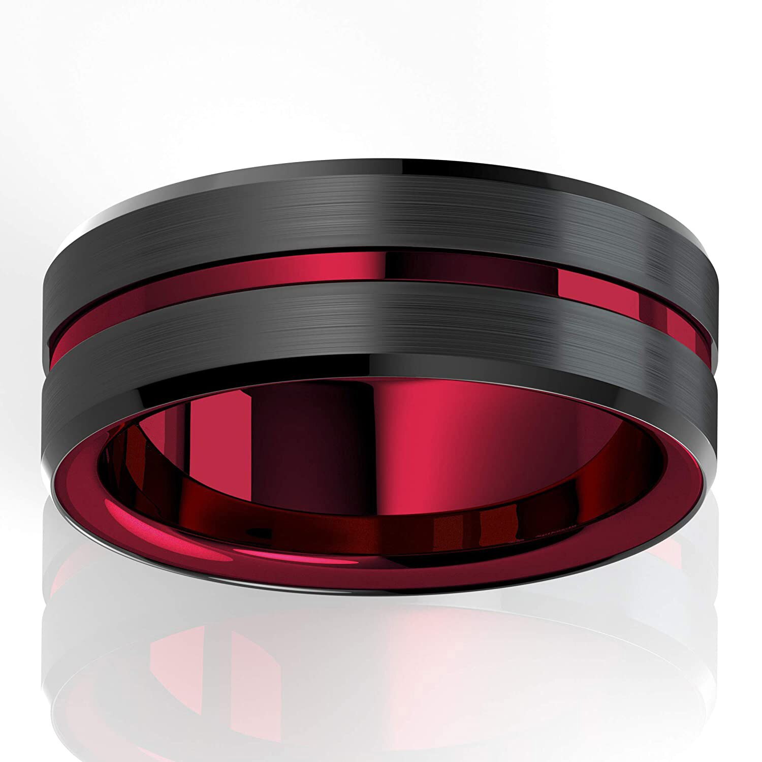 Men's 8MM Black Brushed Ladder Edge Tungsten Steel Ring Red Groove Wedding Ring Men’s Valentine