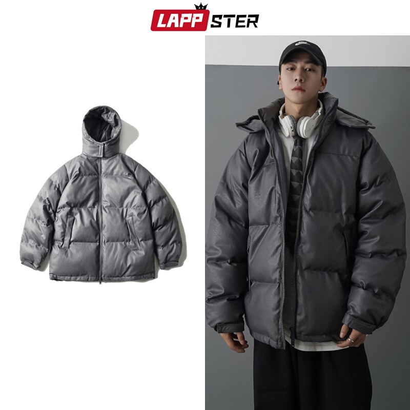 LAPPSTER Männer Japanischen Streetwear Leder Puffer Jacke Herren Hüfte hüpfen Schwarz Winter blasiert Jacken Mäntel Paar Koreanische Parka
