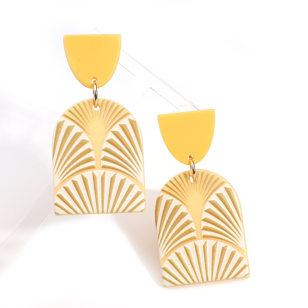 AMORCOME Light Yellow Color Flower Stripe Pattern Geometric Acrylic Earrings for Women Simulated Polymer Clay Ethnic Earrings