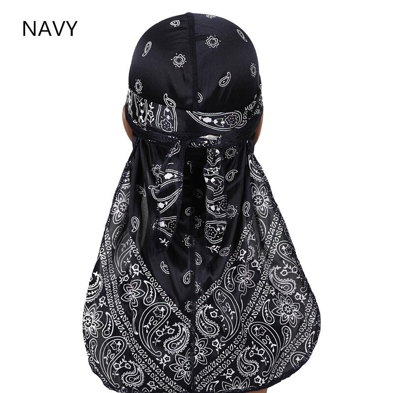 Herr durag hip-hop bandanna cap rapper turban hatt silkeslen pannband blommig du-rag huvudbonader kemoterapi cap amoeba pirat hatt: Marinblå