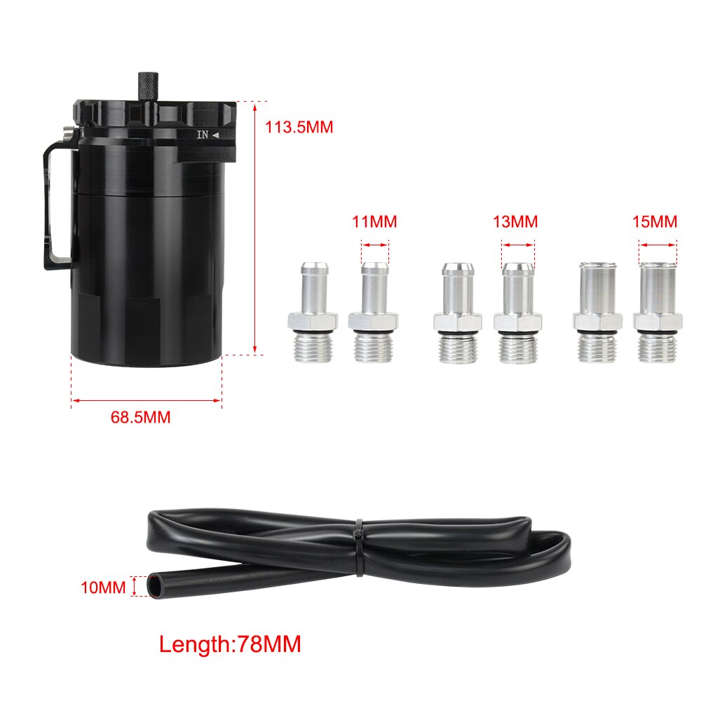 Universal Aluminum Oil Catch Can Oil Filter Tank Round Reservoir Oil Drainer with 11mm/15mm Fittings and Oil dipstick PQY-TK63
