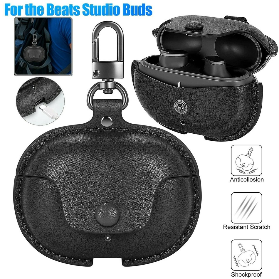 Funda protectora de cuero PU para Beats Studio Buds / Buds + Plus, accesorios para auriculares a prueba de golpes con llavero, Fundas