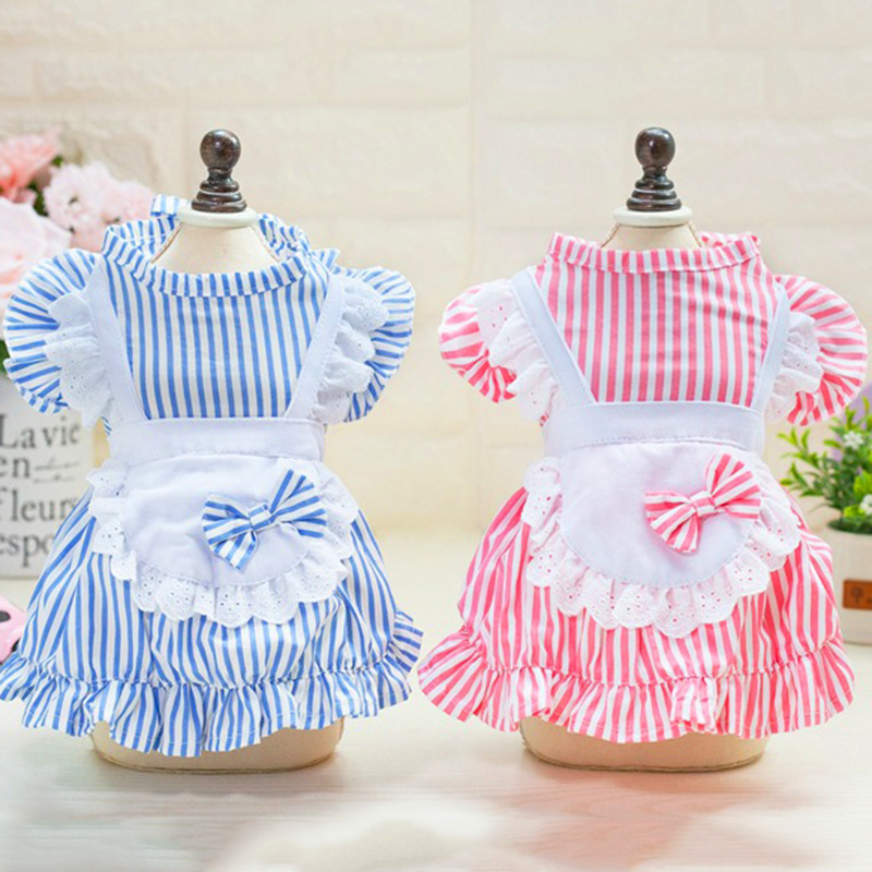 Classic Striped Summer Fancy Dresses for Small Dogs Maid Clothing Mini Skirt French Bulldog Cotton Pet Cat Clothes