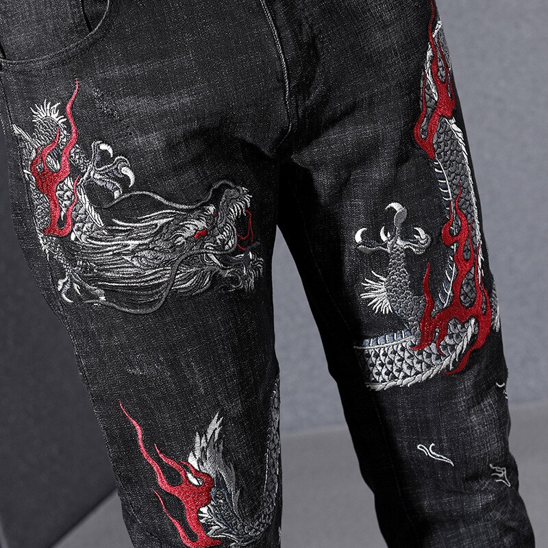 Men's Chinese dragon embroidery jeans embroidered slim straight stretch denim pants Trousers