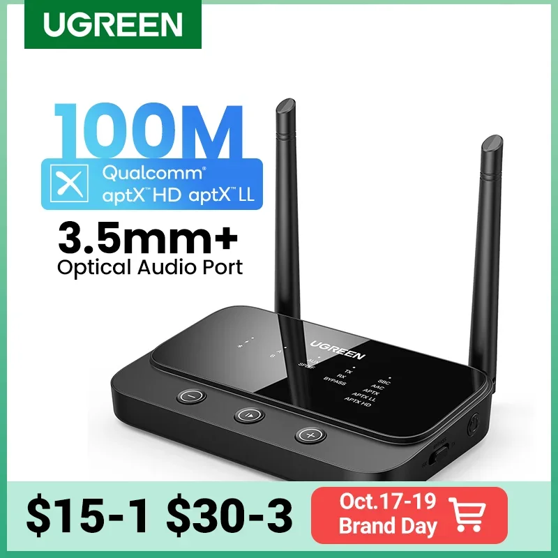 ! UGREEN 100m Long Range Bluetooth 5.0 Transmitter Receiver AptX LL AptX HD Audio Adapter Wireless Audio Dongle for TV Home