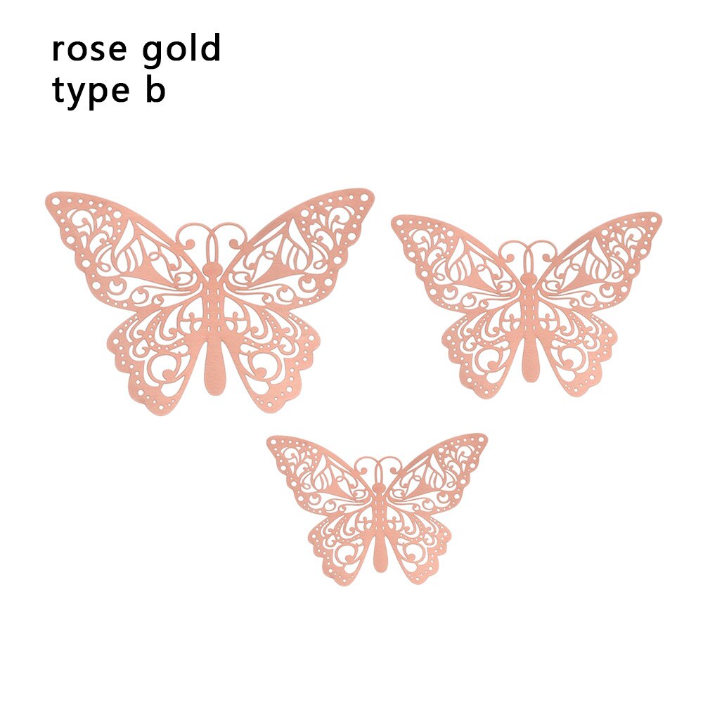 12 Stks/pak 3D Hollow Vlinder Muurstickers Diy Metalen Textuur Goud Zilver Rosegoud Mariposas Decals Feestartikelen Home Decor: rose gold-b