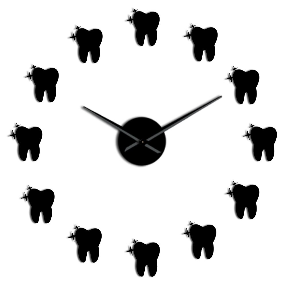 Tooth Mirror 3D DIY Wall Clock Watch Teeth Male Or Female Or Hygienist Sign Dental Office Wall Decorative: Black / 12  inch