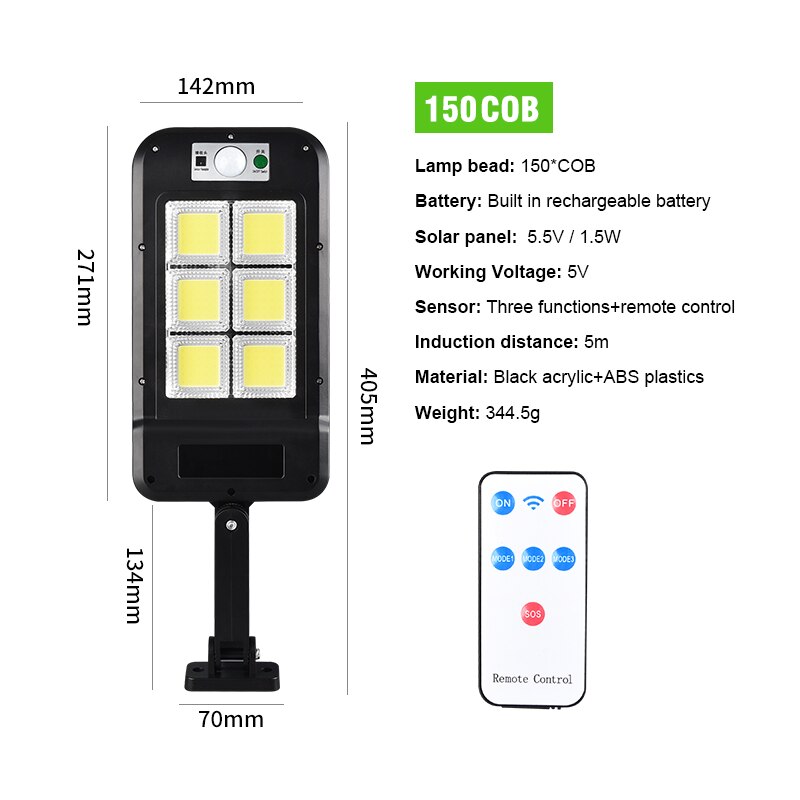 Motion Sensor Solar Led Light Remote Outdoor Wall Street Light Waterproof Human Body Induction Garden Multi-Mode Solar Lamps: 150 Cob