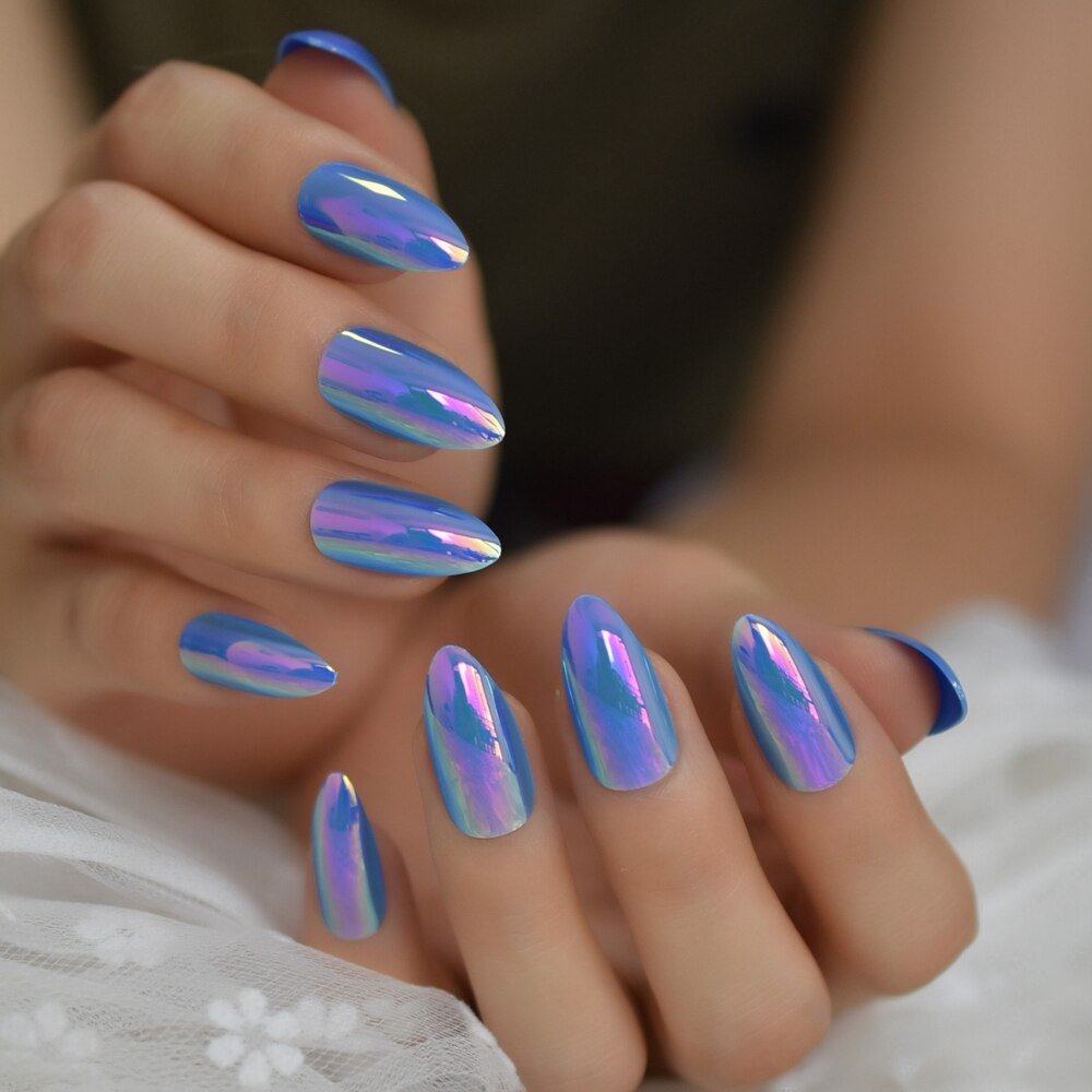 Céu azul holográfico unhas falsas stiletto, médio cromado espelho de plástico curva brilhar it a unha com cola