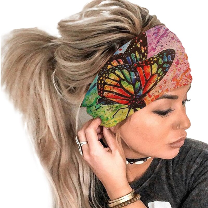 Pañuelo para correr al aire libre, cinta ancha para el pelo deportiva elástica para mujer, cinta para el pelo informal para Fitness, accesorios de ropa, diadema de ocio: Pink-butterfly B