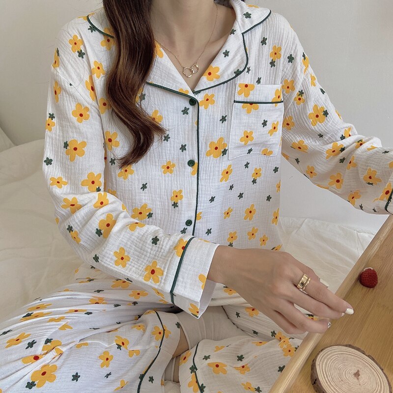 CBAFU spring autumn pajama set flowers print sleepwear lapel collar tops pants 2 piece set comfartable cotton home clothes M620