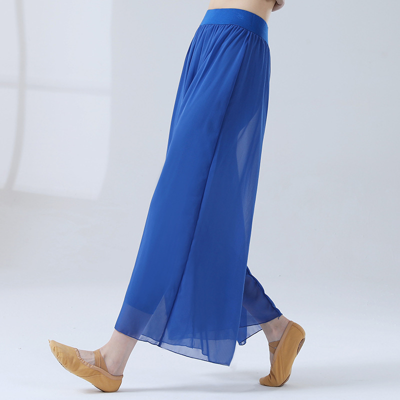 Culottes in chiffon da danza classica per donna Pantaloni a gamba larga a 2 strati Danza moderna Pratica fluida allentata costume di danza popolare cinese: Blu