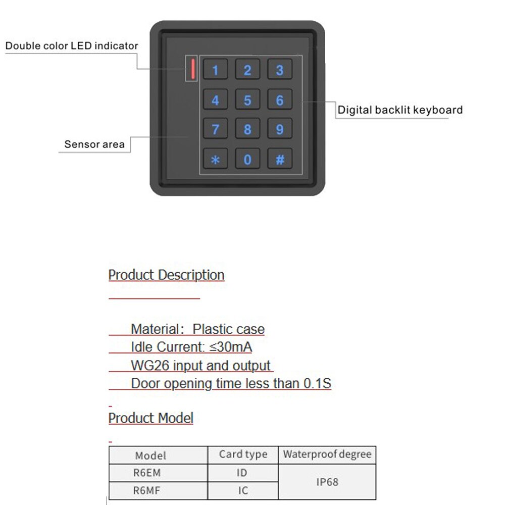 R6 Keypad Rfid Card Reader Access Control 125KHZ RFID 13.56MHZ IC Card Waterproof IP68 Access Control keypad WG26 Reader Plastic