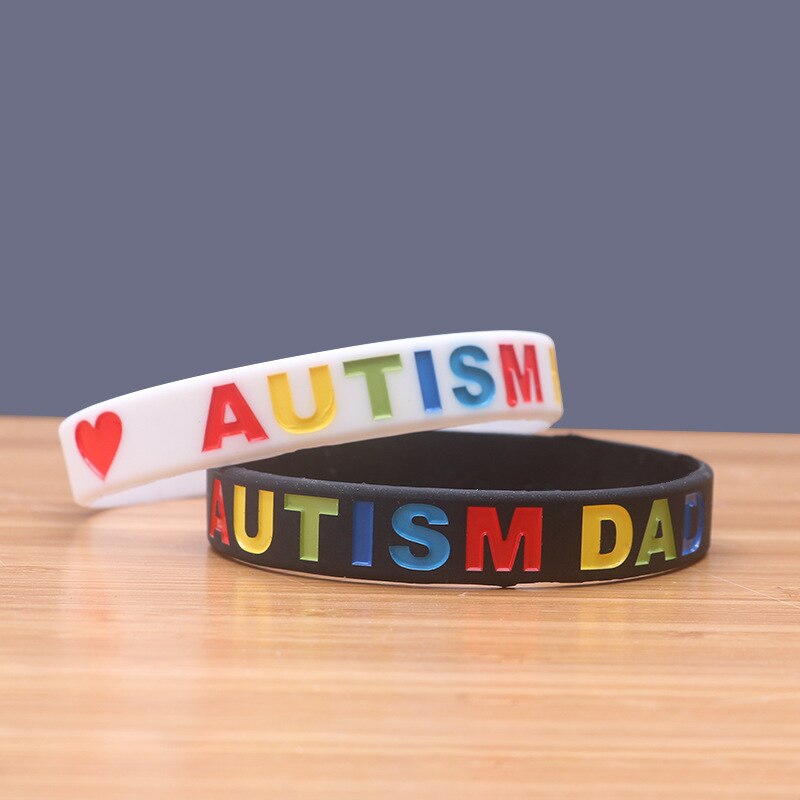 PBR157(1), "Autism Dad and Mom" Print Black/White Puzzle Pieces Ribbon Autism Awareness Wristband Silicone Rubber Bracelets