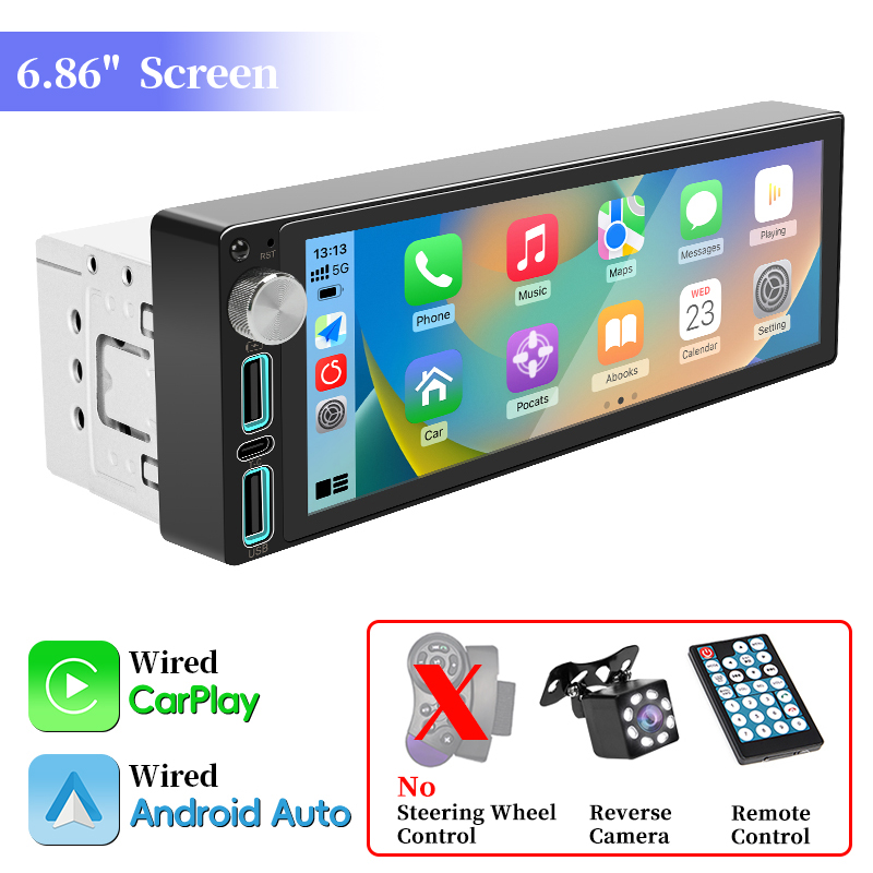 Rádio automotivo 6.86 polegadas carplay android auto 1din reprodutor estéreo de carro vídeo multimídia com bt fm usb tipo-c carga espelho link: CINZA