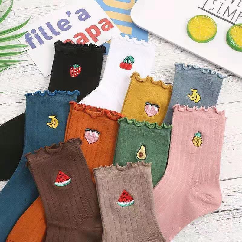 Frilly Embroidered Sock Spring Summer Japan Harajuku Kawaii Cartoon Fruit Cotton Socks Girl Streetwear Happy Casual SOX