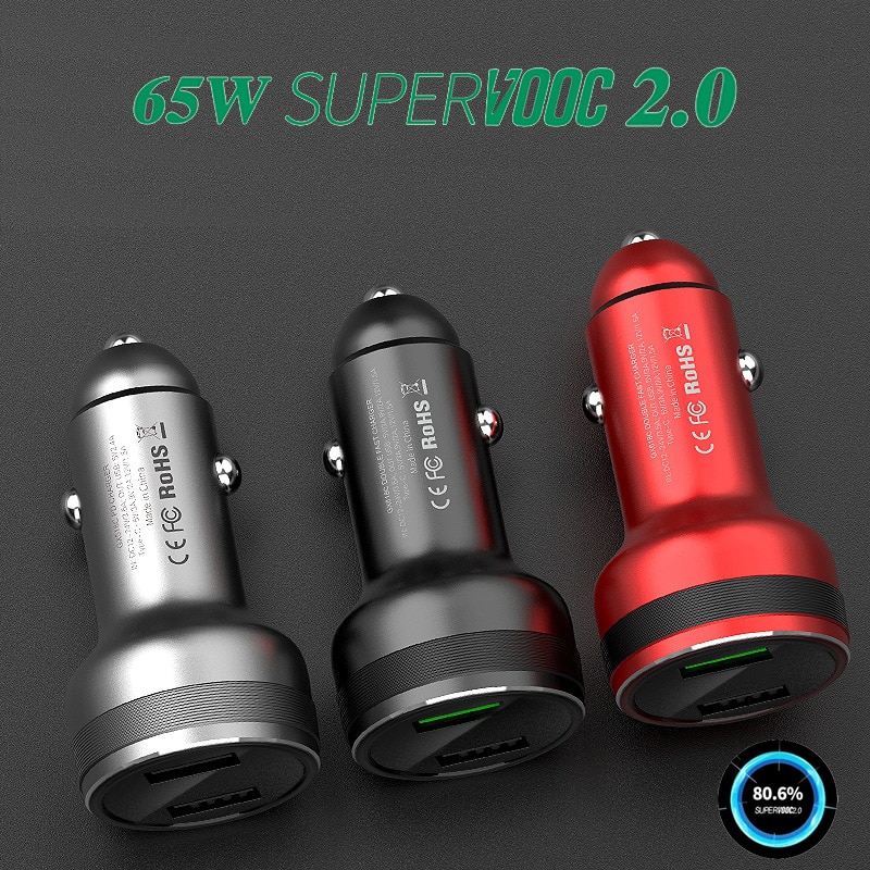 65W SUPERVOOC 2,0 cargador de coche rápido Carga de coche Cable de tipo C para OPPO encuentra X2 Pro Reno 5 5G 3 4 Pro Ace 2 X20 verdadero yo X50Pro RX17