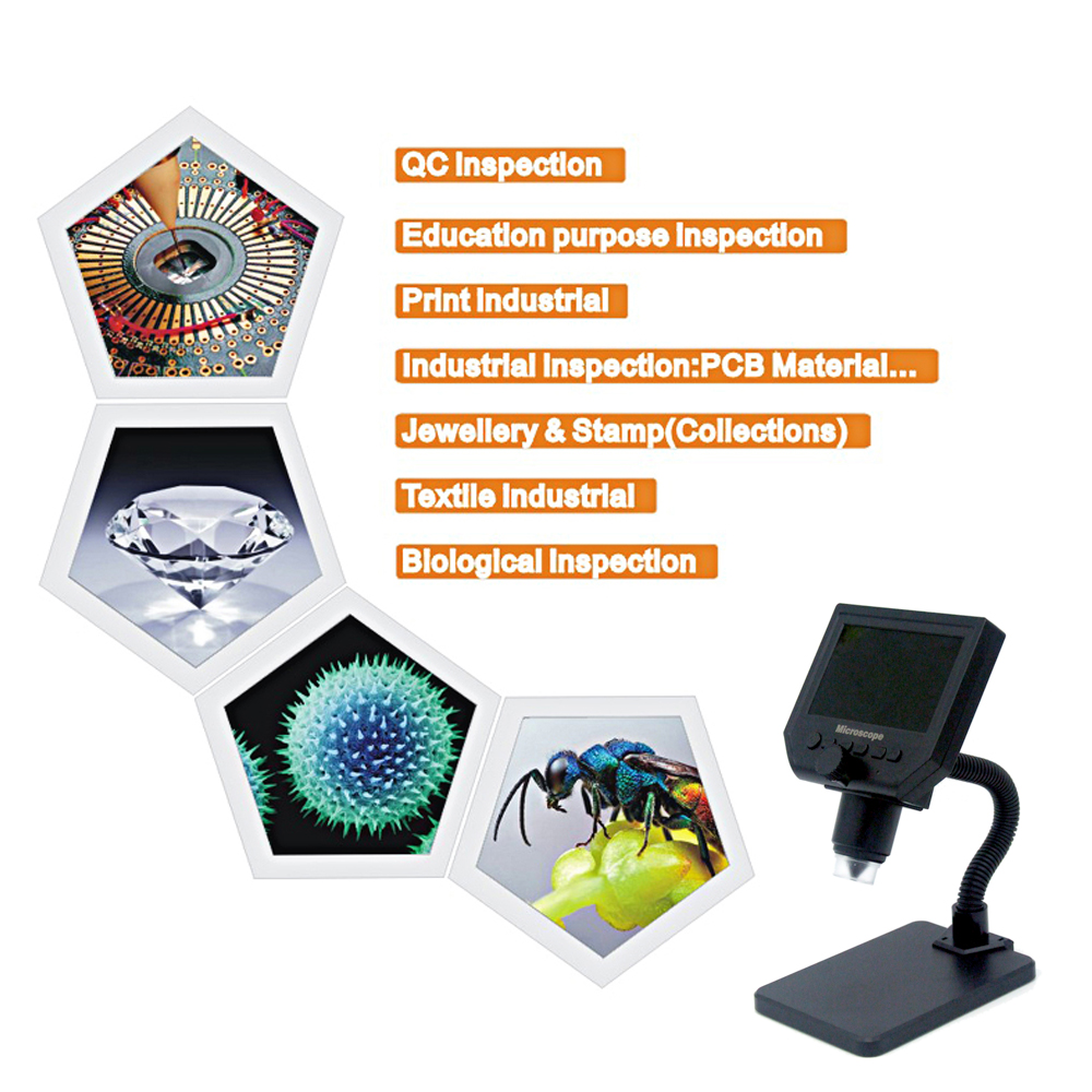 Microscope numérique électronique LCD Portable à haute luminosité, 8 led réglables et batterie au Lithium intégrée G600