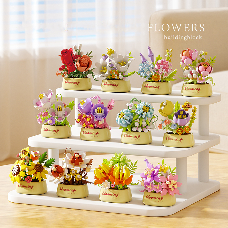 Romantic floral building blocks flower potted roses and sunflowers assembled DIY flower potted toys girls' Valentine's Day