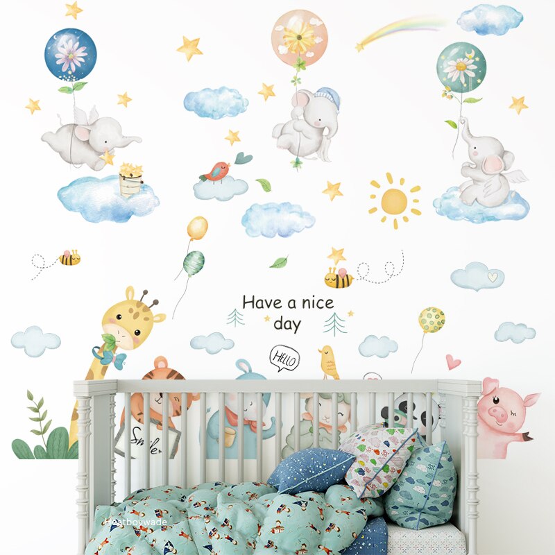 4pcs/set Large Kids Room Wall Stickers Home Decor Cartoon Animal Wall Decals for Nursery Bed Wallpaper Elephant Mural Baby