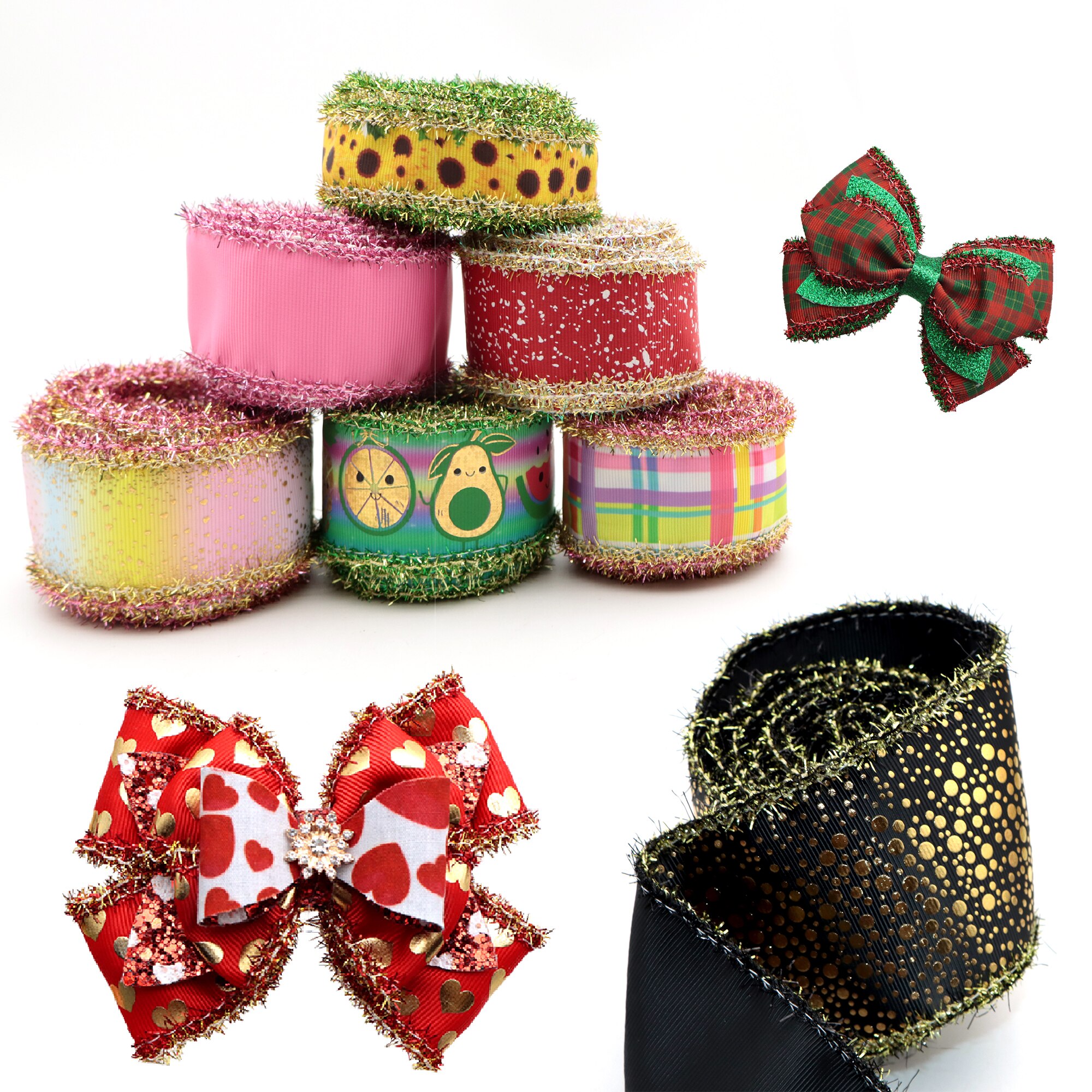 75MM 2Yard/roll Christmas Geometric Grosgrain Ribbon with Tinsel Edges For Burlap Wreaths Hairbows Accessories,2Yc20400