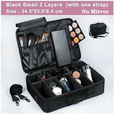 Vrouwen Professionele Nylon Make-Up Case Draagbare Reizen Schoonheidsspecialist Case Cosmetische Organizer Case Box Met Spiegel Schoonheid Koffer: Black  S  2   Layers